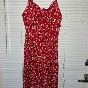 Red floral mini dress ties in the front
